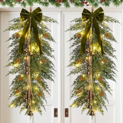 36-Inch Artificial Christmas Teardrop Swag with LED Lights and Velvet Bow