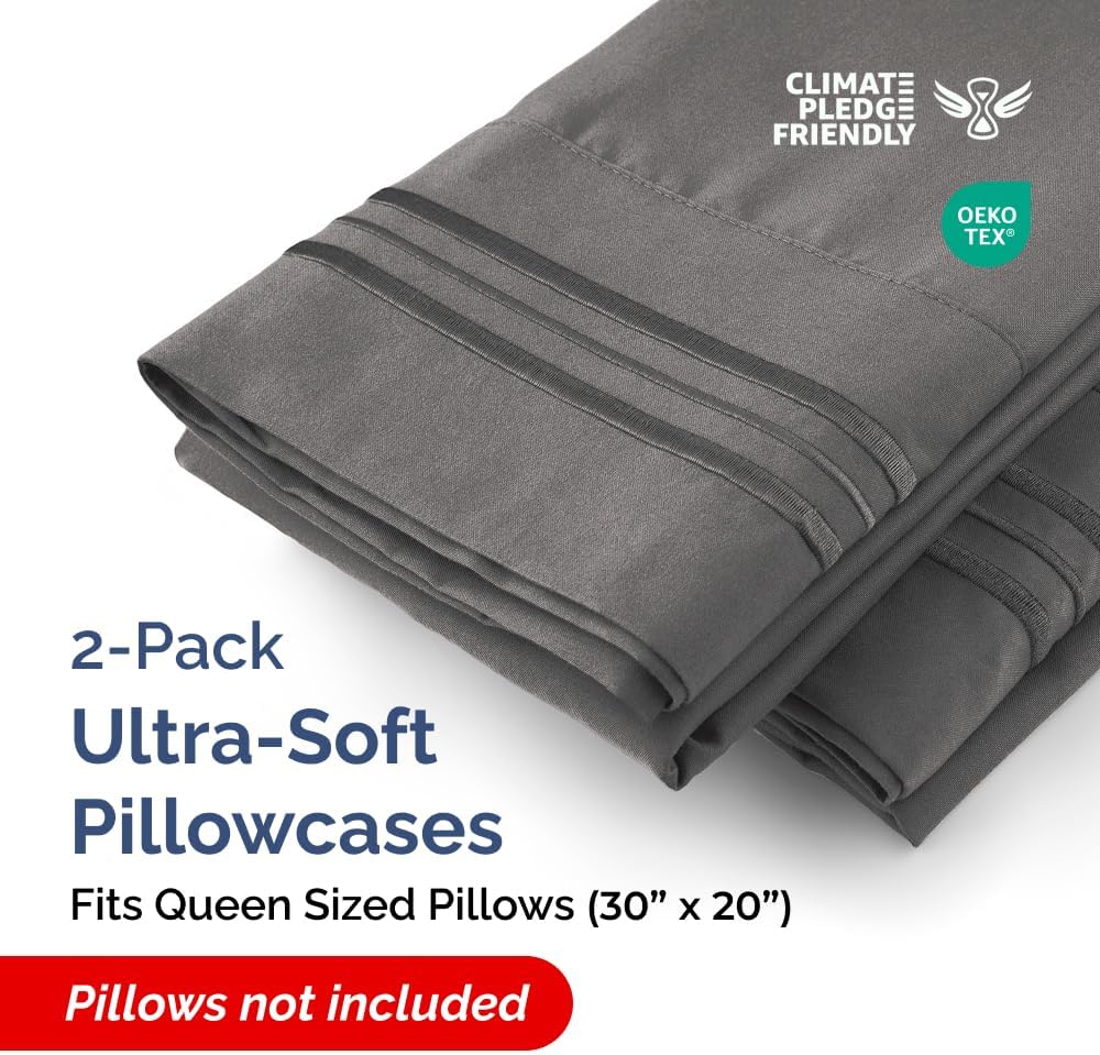 Queen Pillow Cases by Luxurious Living - Ultra Soft Hotel Quality - Wrinkle Free & Fade Resistant - Charcoal, Set of 2