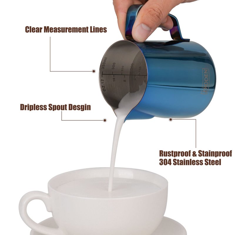 Milk Frothing Pitcher, 20oz Espresso Steaming Pitchers Stainless Steel Cappuccino Coffee Machine Accessories Barista Tools Steam Froth Pitchers Milk Jug Cup with Decorating Pen Latte Art, Blue