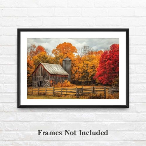 Yesad Yellow Barn Fall Canvas Wall Art, Autumn Fall Room Décor Country Landscape Prints Painting Posters Artwork Farmhouse Decor, Rustic Wall Décor for Living Room Bedroom (Unframed,36”x24”,Barn)