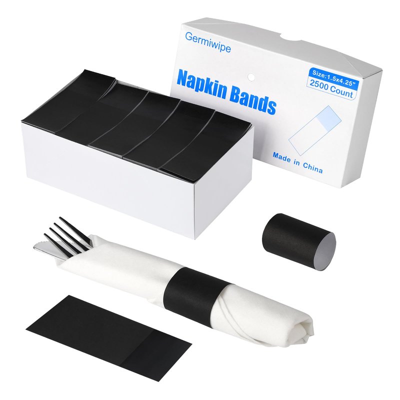 Germiwipe 2500Pcs Black Napkin Bands,Easy to Separate, Time-Saving,Paper Napkin Rings Self-Adhesive,Silverware Wraps Bands,Perfect for Birthday Parties, Weddings, Family Reunion & Events