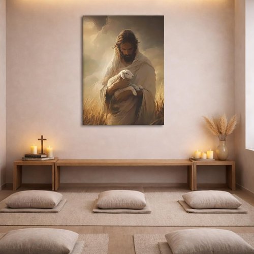 Jesus Holding Lamb Framed Canvas Wall Art - Christian Good Shepherd Painting for Home & Church | 12x16 Inch Ready to Hang