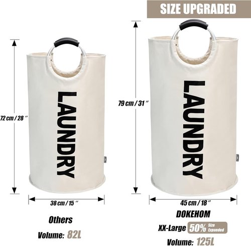 DOKEHOM X-Large Laundry Basket - Collapsible Freestanding Hamper | Foldable Beige Washing Bin 125L