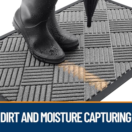 Heavy-Duty Front Door Mat, 29.5x17 Inch Waterproof Dirt Trapper - Grey