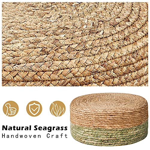Round Hand-Woven Seagrass Ottoman with Pine Legs - Natural Footstool