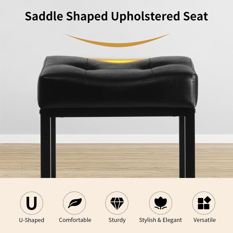 FLYZC Saddle Seat Vanity Stool, Makeup Stool Chair with Metal Leg, U-Shaped Faux Leather Ottoman Foot Rest, Small Square Chairs Under Desk for Vanity, Living Room, Bedroom, Modern Makeup Bench Black
