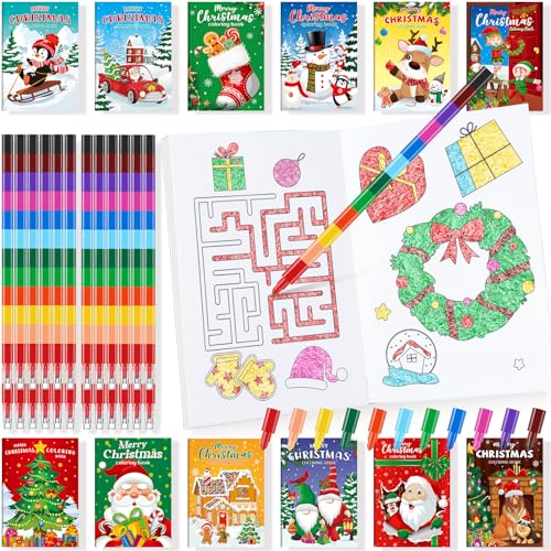 BenLouis Christmas Mini Coloring Books with Crayons - 24 Pack for Kids, Holiday Party Favors