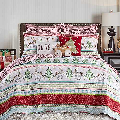 Levtex Home Twin Reversible Christmas Quilt - Holiday Deer & Trees, Microfiber