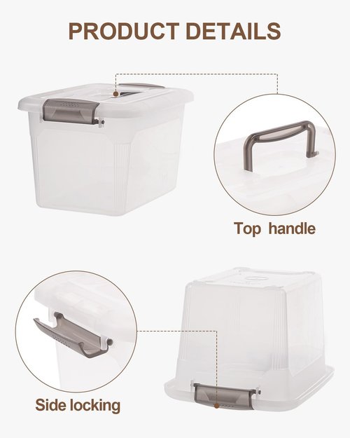 Citylife 6 QT Clear Plastic Storage Bins with Lids - Stackable Organizing Containers | 4 Packs with Grey Handles
