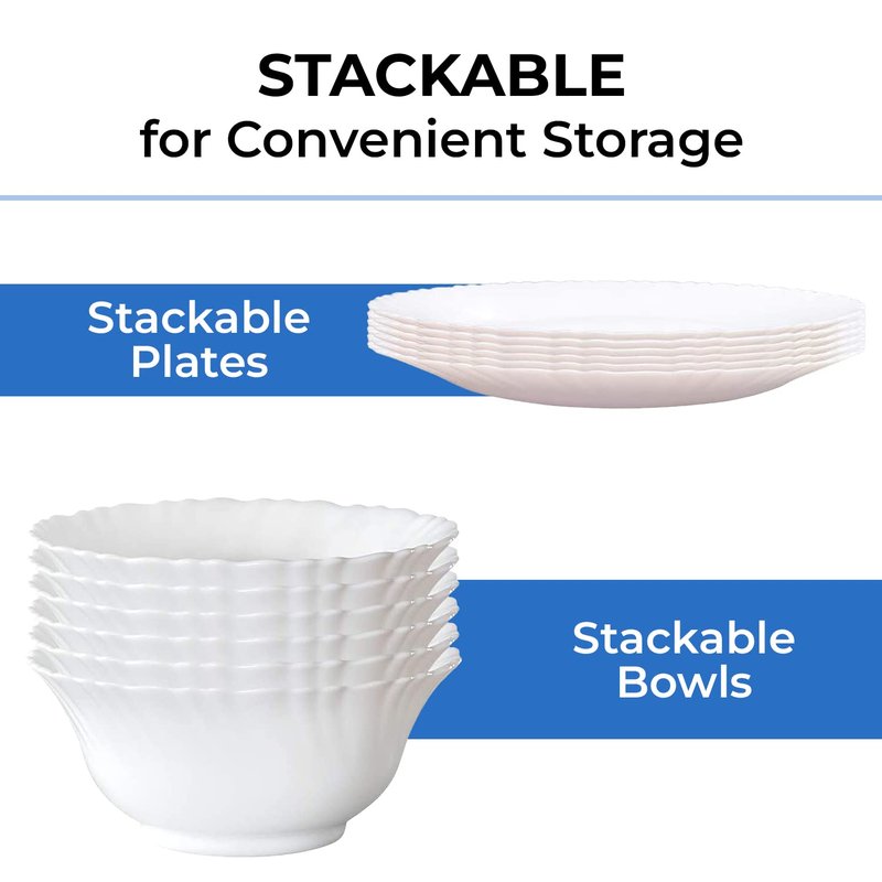 Borosil Gourmet Dinnerware Set For 6, 19 Pieces, White Dinner Plates and Bowls Sets, Chip Resistant Tempered Opal Glass, Stain Resistant, Dishwasher & Microwave Safe Dinner Set For Gifting, Serves 6