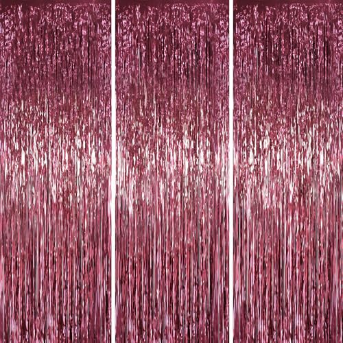 Voircoloria Burgundy Foil Fringe Backdrop Curtains 3.28x6.56ft 3pcs - Burgundy / 3