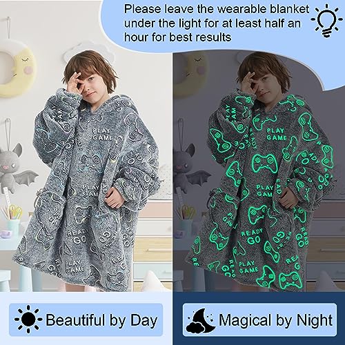 Kids Wearable Blanket Hoodie Oversized Sherpa Sleepwear for Boys Girls Teens 6-13YR, Glow in The Dark Game Controller Design - Mewkou