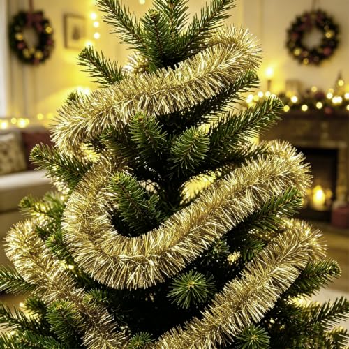 Pale Gold Christmas Tinsel Garland 33 ft - Glitter Foil Twist Garlands for Holiday Decor