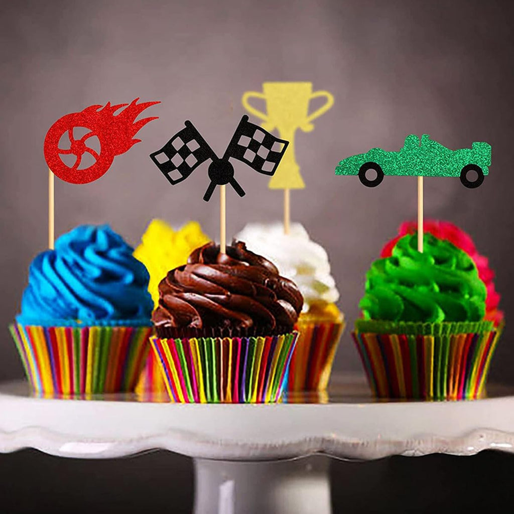 Regine Switzerland Race Car Cupcake Toppers - 24Pcs Glitter Trophy Flags & Wheels for Sports Theme Parties