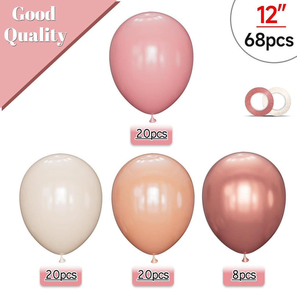 Regine Switzerland 68 Pcs Retro Pink Party Balloons - 12 Inch Dusty Pink & Metallic Rose Gold Decor for Girls' Birthday & Baby Showers