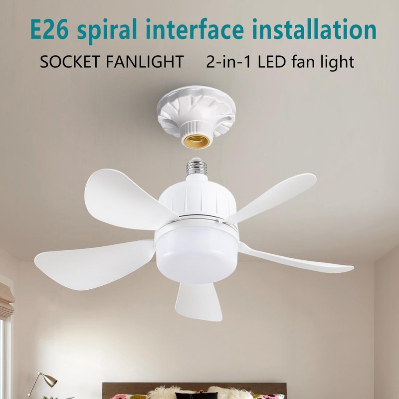 18" Socket Fan Light with Remote, Dimmable LED Ceiling Fans with Lights, Screw in Socekt Fans and Socket Extender, 3 Colors 3000K-6500K, Replacement Light Bulb Fan for Kitchen Garage Bedroom,White-2P
