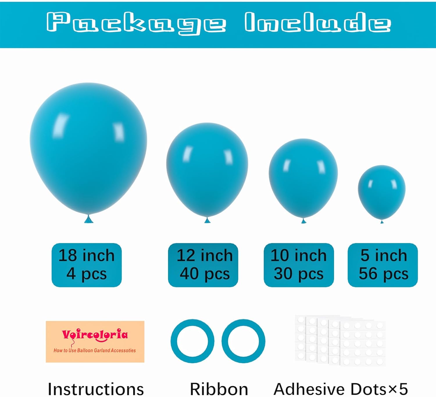 Voircoloria Peacock Blue Balloon Garland Kit - 130pcs Latex Balloons in Various Sizes for Parties & Celebrations