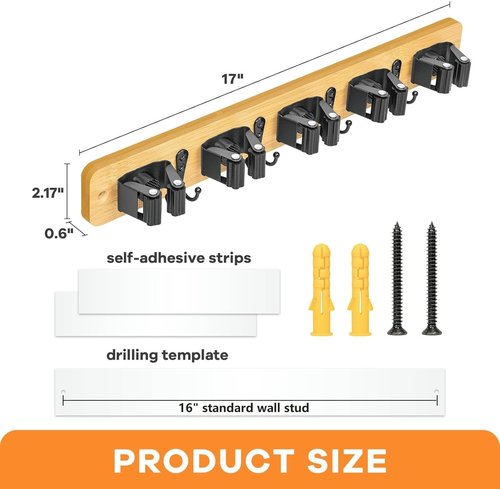 IMILLET Broom Holder Wall Mount - Bamboo Mop Organizer with 5 Racks & 4 Hooks | Ideal for Home Storage