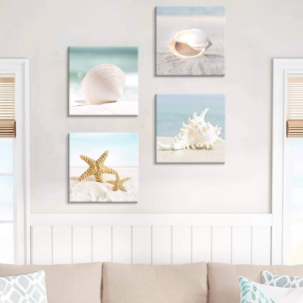 ARTISTIC PATH Starfish & Seashells Canvas Wall Art: Sandy Beach Seaside Graphic Artwork for Bathroom (16''W x 16''H x 4 Pcs,Multi-Sized)