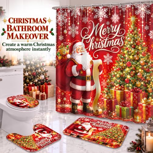 Ruikyhom Christmas Bathroom Sets with Shower Curtain & Rugs - Red Gold