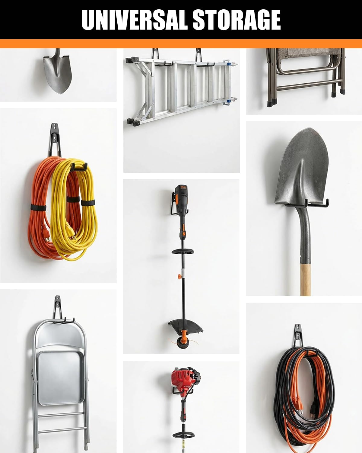 WMK Heavy Duty Garage Hooks - 4 Pack Wall Mount Utility Hooks for Tools, Bikes & Ladders (Orange)