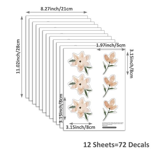 YouRfocus Daisy Wall Decals | 72 PCS Boho Flower Stickers for Girls' Rooms, Playrooms, Nurseries | Dual Layer Print for High Coverage | Removable Peel and Stick （Orange）| 12 Sheets