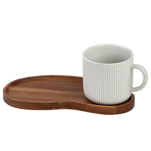 JiabaoPC Ceramic Coffee Mug and Wooden Serving Tray Set, White Ribbed Cup with Handle 14.2oz, Modern Design with Wood Platter