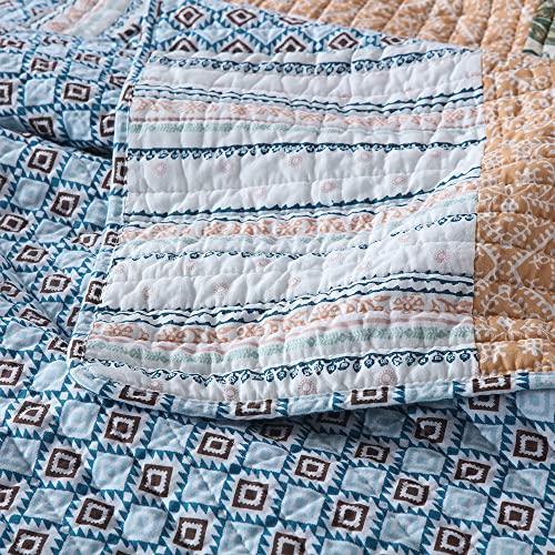 Cotton Bedspread Set - Queen Size Reversible Blue Floral Quilt