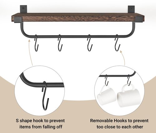 Mkono Mug Holder Wall Mounted Coffee Mug Rack Set of 2 Rustic Floating Shelf for Coffee Bar Accessories Wood Tea Cup Hooks Hanger for Organizing Cooking Utensils, Home Kitchen Decor, Brown