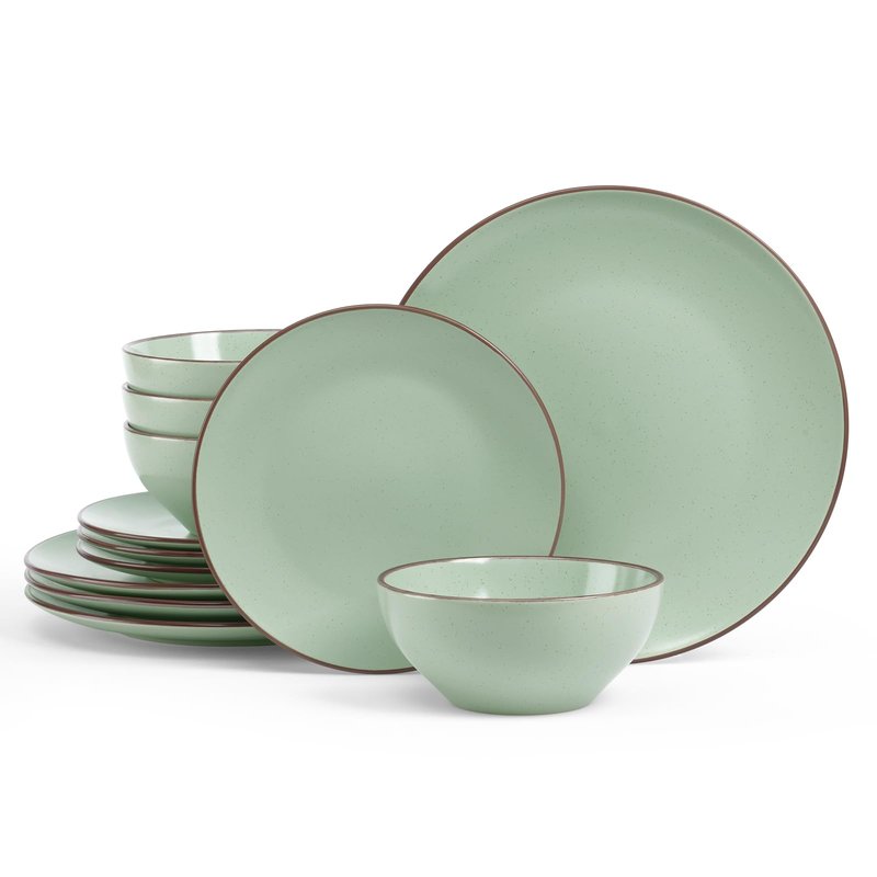 Famiware Venus Plates and Bowls Sets, 12 Pieces Stoneware Speckled Dishes Dinnerware Set for 4, Light Green - Microwave & Dishwasher Safe, Modern Minimalist, for Everyday Meals & Formal Dining