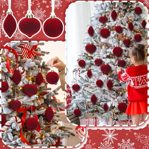 Red Velvet Christmas Ball Ornaments 12Pcs Glass Flocked Decorative Ornaments
