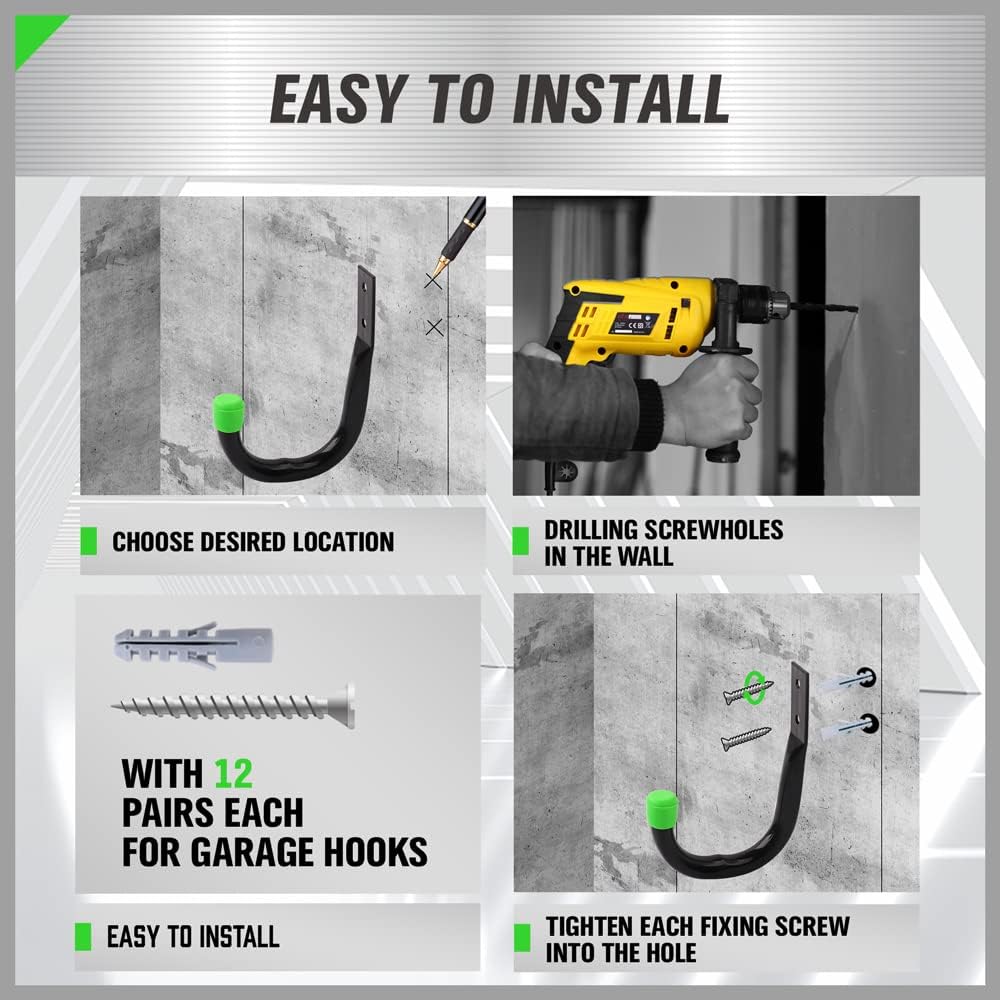 SWANLAKE Heavy Duty Garage Storage Utility Hooks - Black Wall Hooks for Organizing (6 Pack)