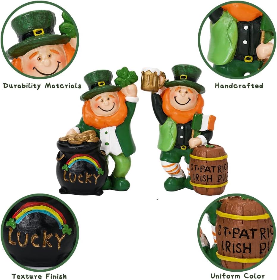 Skiennix St. Patrick's Day Gnome Figurines - 2 Pcs Leprechaun Home Decor for Spring | Indoor Table & Shelf Display