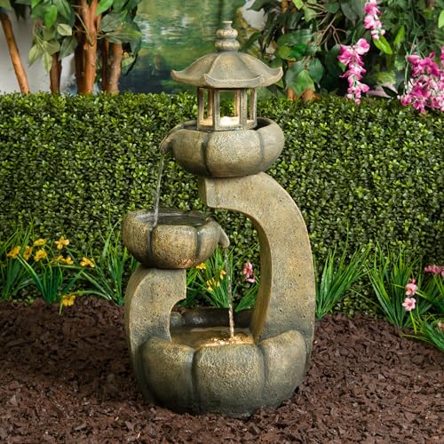 32-Inch 2-Tier Pagoda Fountain with LED Lights for Garden and Patio