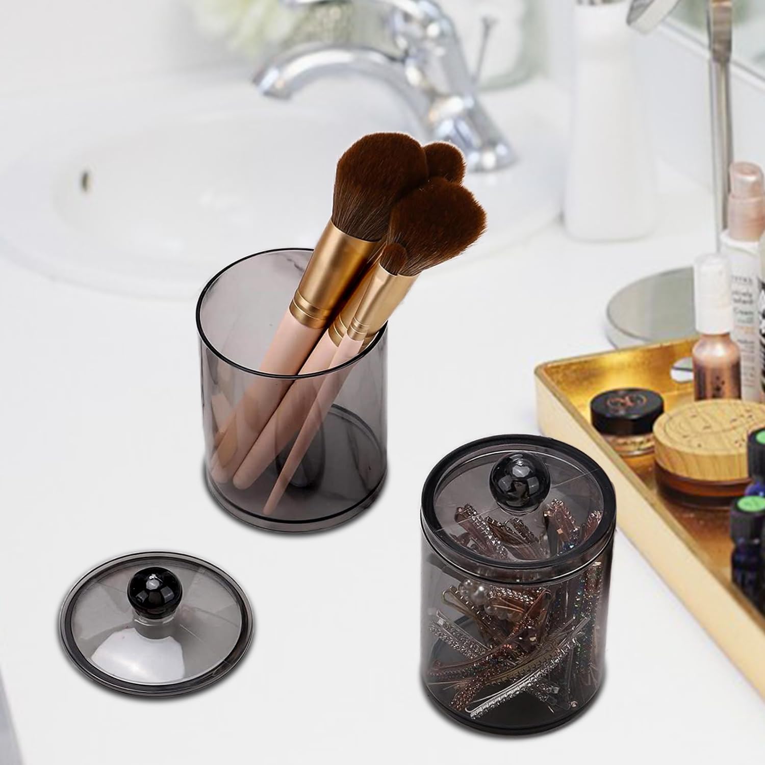 Skiennix Cotton Buds Dispenser - Clear Black Round Holder | 10 oz Apothecary Jar Set for Bathroom Storage