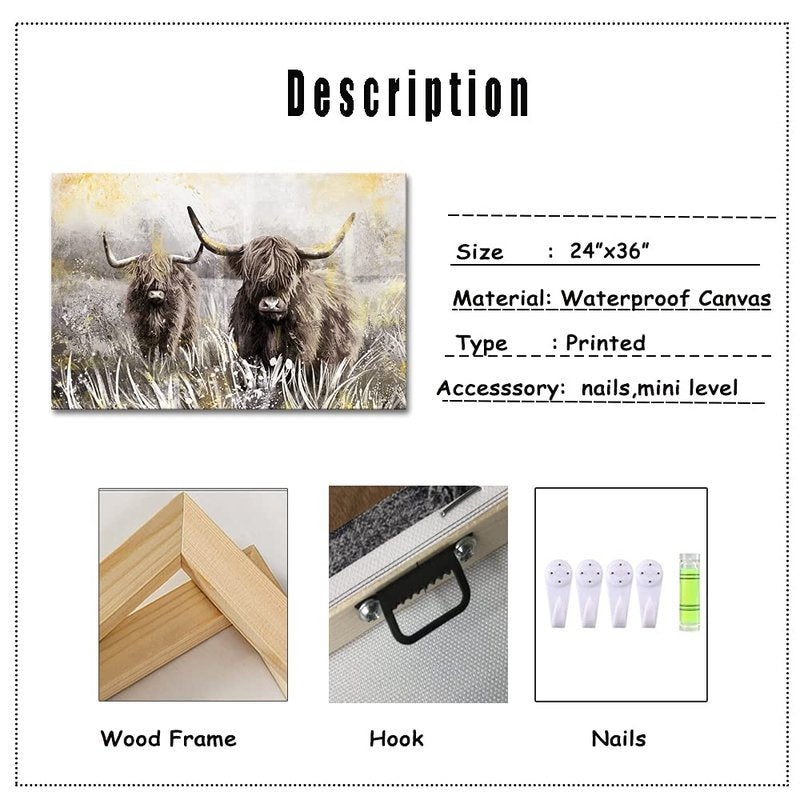 Derkymo Highland Cow Picture Wall Decor Canvas Art Farm Animal Artwork Farmhouse Decorations Framed Easy to Hang 24"x36"
