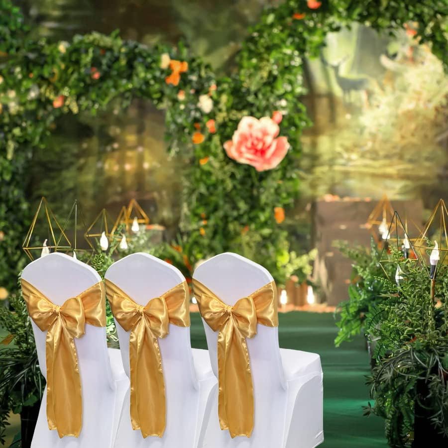 Skiennix Satin Chair Sashes - 50PCS Elegant Ribbon Ties for Wedding & Party Decor | Gold