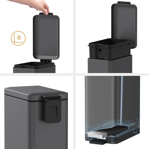 Mbillion Slim Stainless Steel Bathroom Trash Can - 10 Liter Soft Close Step Pedal Wastebasket | Dark Grey