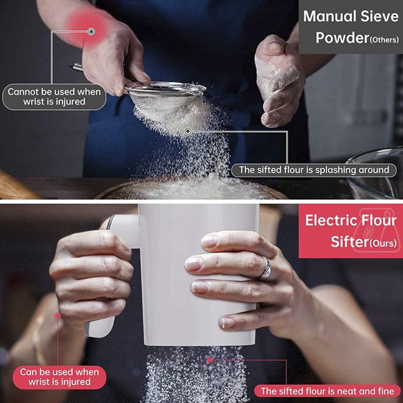 Electric Flour Shifter, 1L Automatic Flour Strainer, Handheld&Portable, Battery Operated Fine Stainless Steel Cooking Baking Tool for Pastry Baking Kitchen Utensil DIY