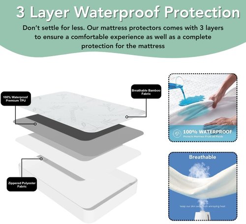 Bamboo Rayon Mattress Protector - 100% Waterproof Cooling Queen Size with Zipper & 2 Pillow Protectors | Ultra Soft, Breathable, Noiseless Encasement