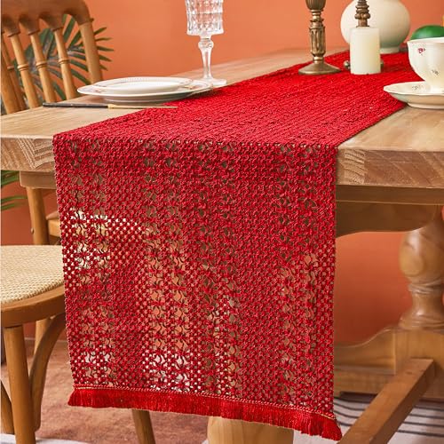 Red Macrame Burlap Table Runner 11.8x35.4in Christmas Boho Decor - Timecity