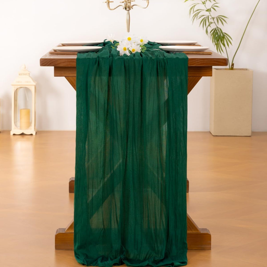 Socomi Emerald Green Cheesecloth Table Runner - 10FT Rustic Boho Decor for Weddings & Events