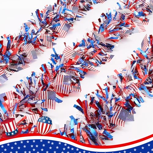 50 FT Patriotic Tinsel Garland - Red White & Blue 4th of July Decor