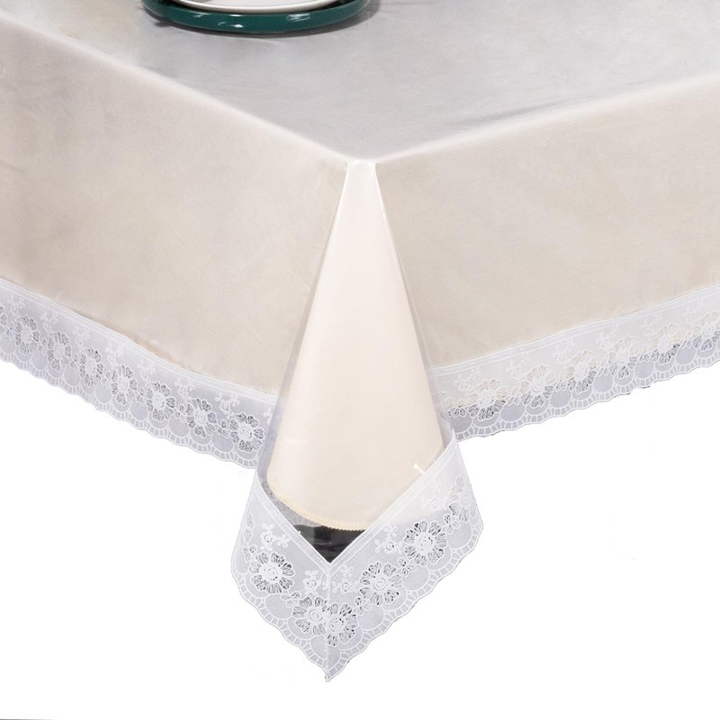 Lace Trim Tablecloth, Crystal Clear Vinyl, Waterproof Plastic Table Cover with Decorative White Border for Dining Tables (60x90in)