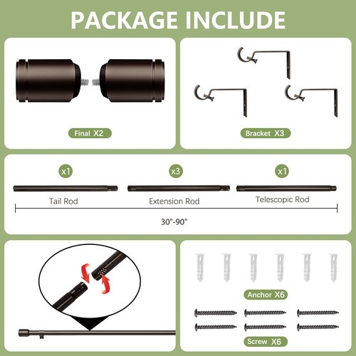 Bronze Curtain Rods by [Brand Name] - Adjustable 30-90 Inch for 30-84 Inch Windows | Antique Finish with Brackets