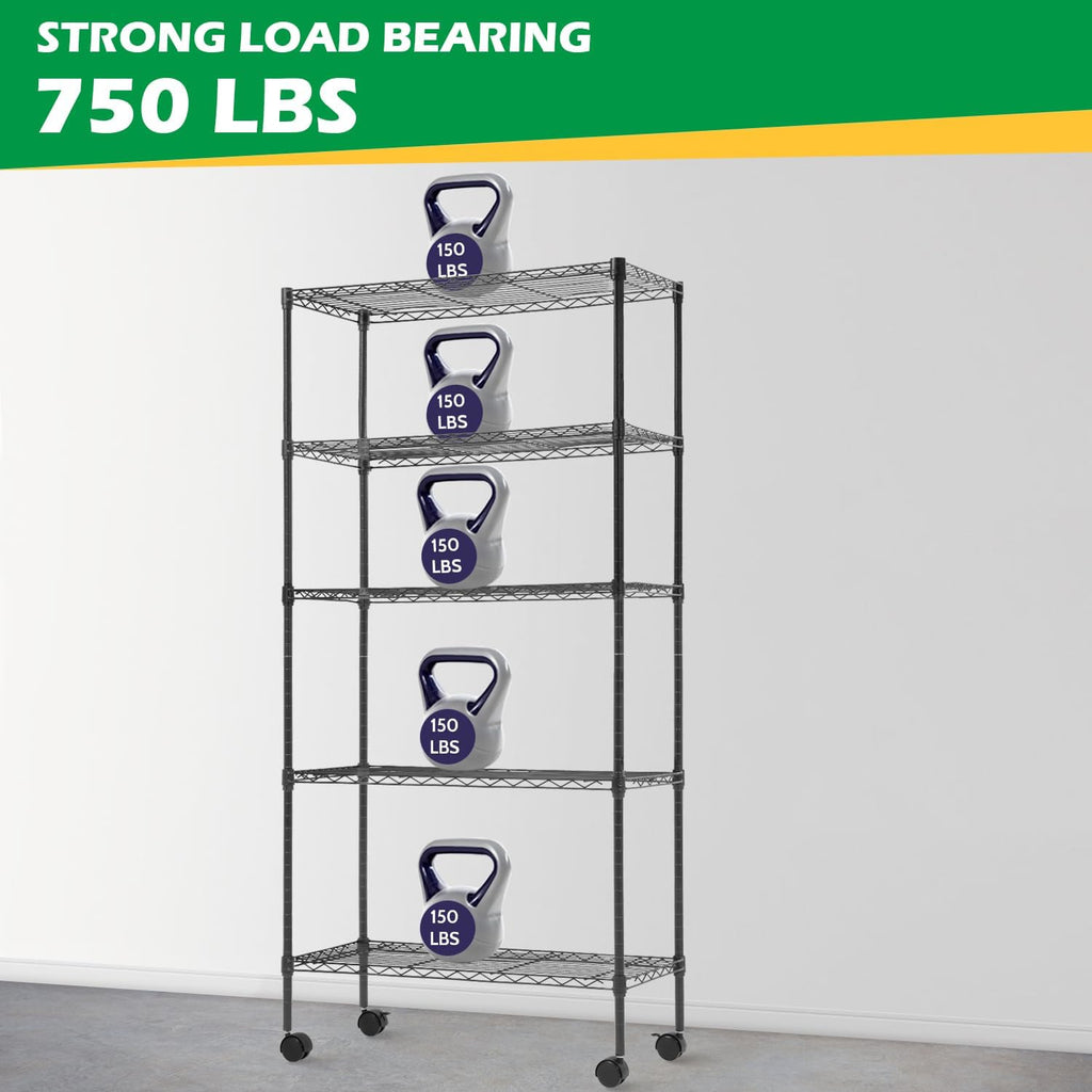 PayLessHere 5-Tier Wire Shelf with Wheels - Adjustable Heavy-Duty Storage Rack | Black | 14"x30"x60" | Rust-Resistant, No-Tool Assembly
