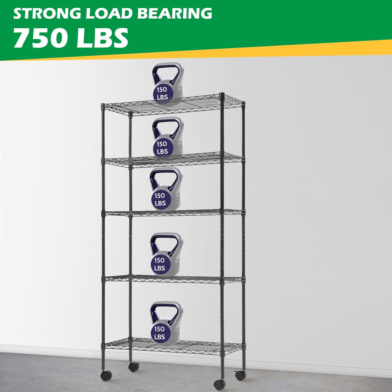PayLessHere 5-Tier Wire Shelf with Wheels - Adjustable Heavy-Duty Storage Rack | Black | 14"x30"x60" | Rust-Resistant, No-Tool Assembly
