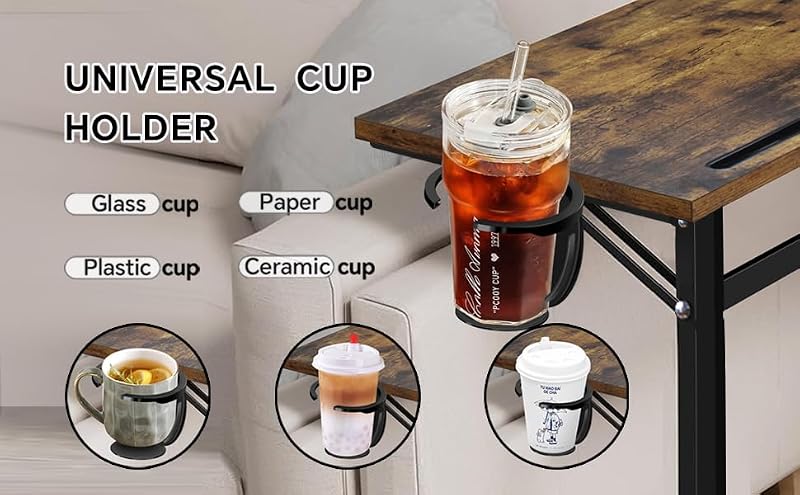 Folding C-Shaped TV Tray Table with Cup Holder and Device Slot