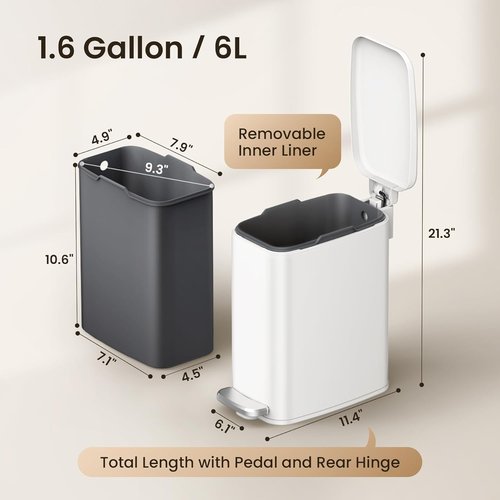 Cesun Slim Bathroom Trash Can - Soft Close Lid, 6L Stainless Steel, Foot Pedal & Removable Inner Bucket | White
