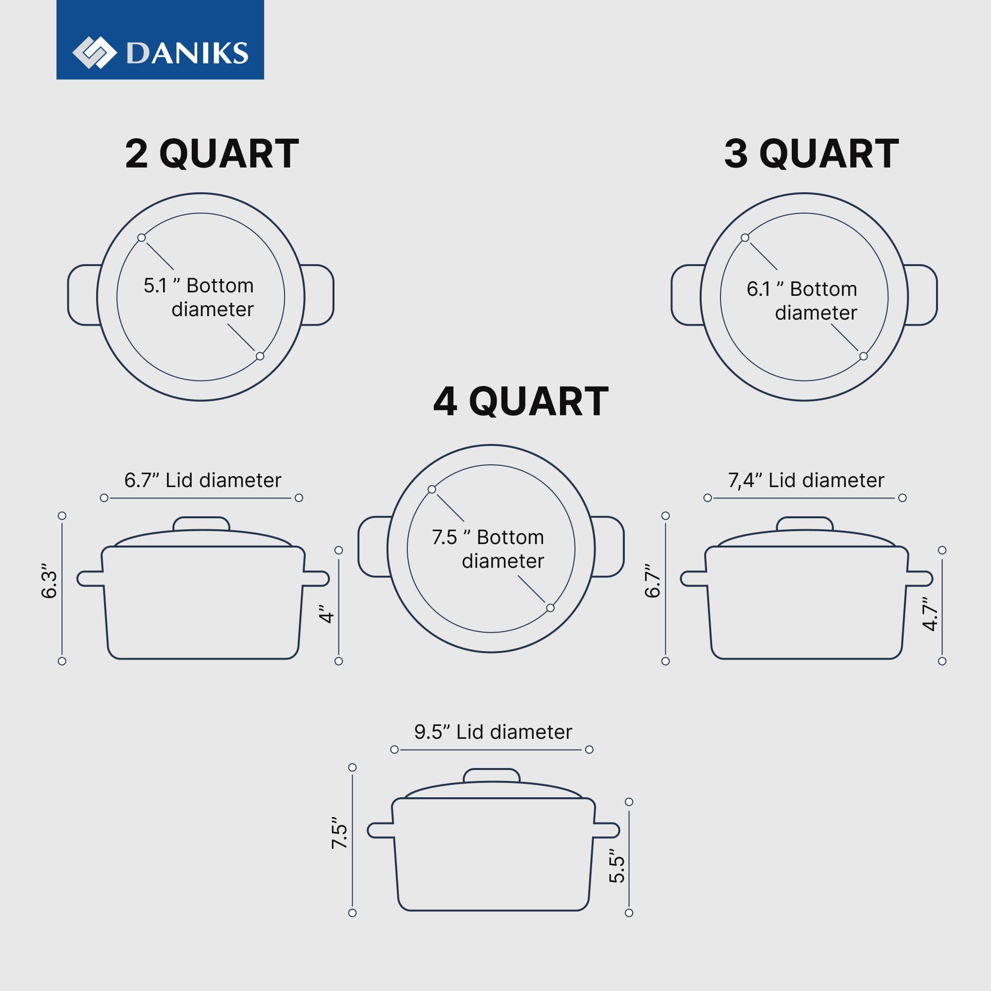 Daniks Classic 6-Piece Stainless Steel Cookware Set with Glass Lids, Tri-Ply Bases for Even Heating, Induction Compatible, Dishwasher Safe